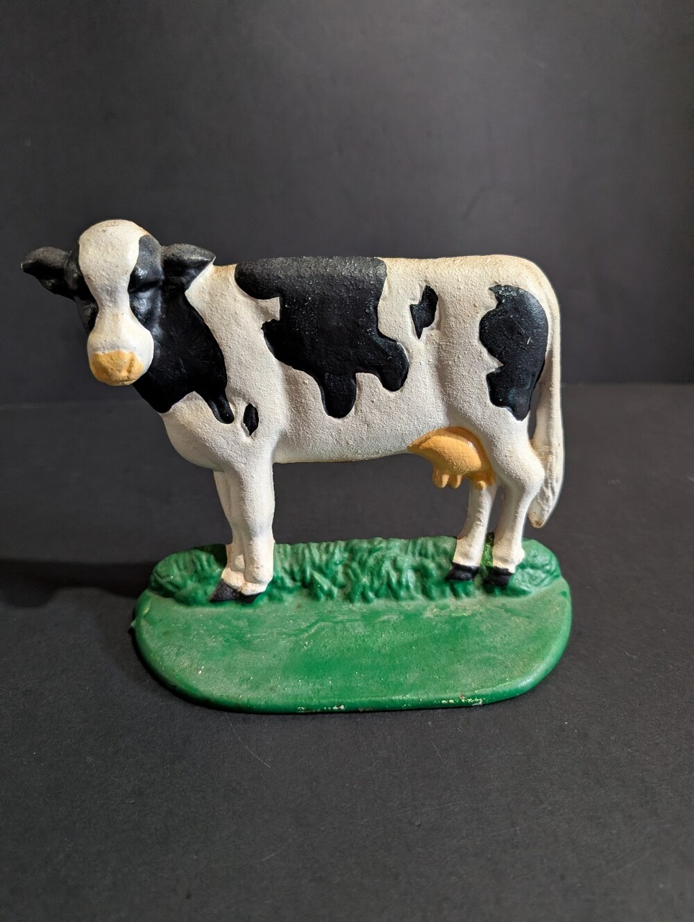Vtg Cow Cast Iron Door Stop Black & White Painted Country Farm Holstein Dairy
